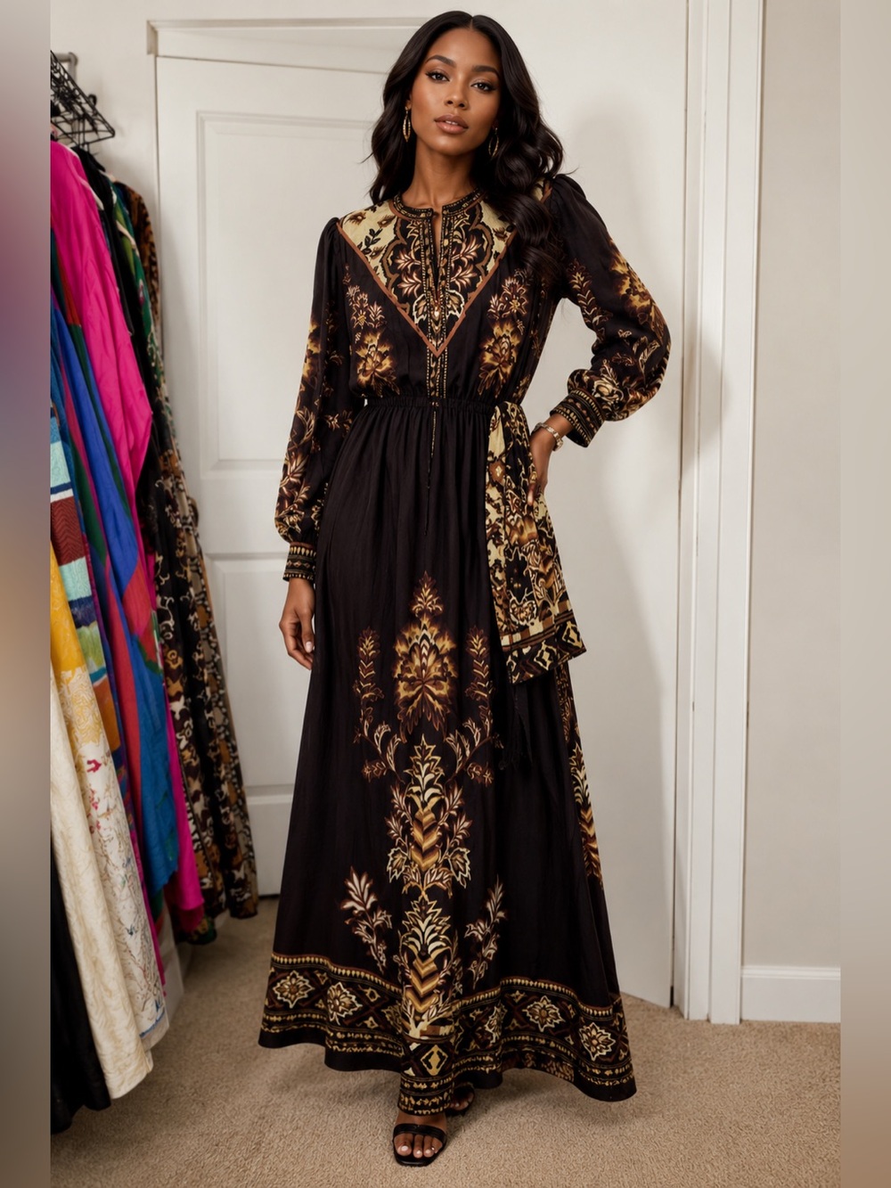 Floral Print Puff Sleeve Maxi Dress - Majestic Garden Black editor list/blog fav - Picture 4 of 12